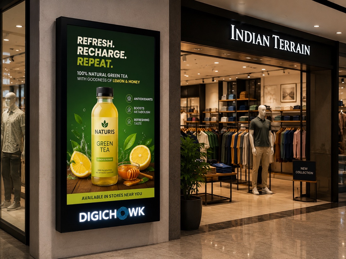 A DigiChowk screen running a brand campaign in a premium mall